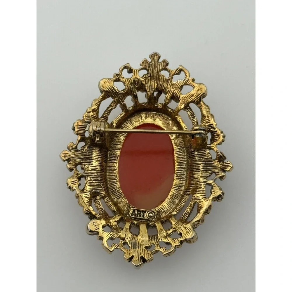 Vintage ART Arthur Pepper Resin Cameo‎ Rhinestone Victorian Revival Brooch Pin